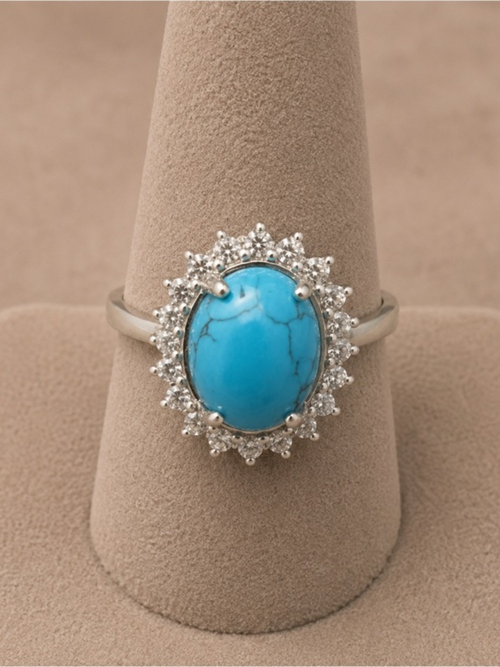 Natural Turquoise Oval Cabochon Halo Ring 925 Sterling Silver Size 9.5 NEW #644